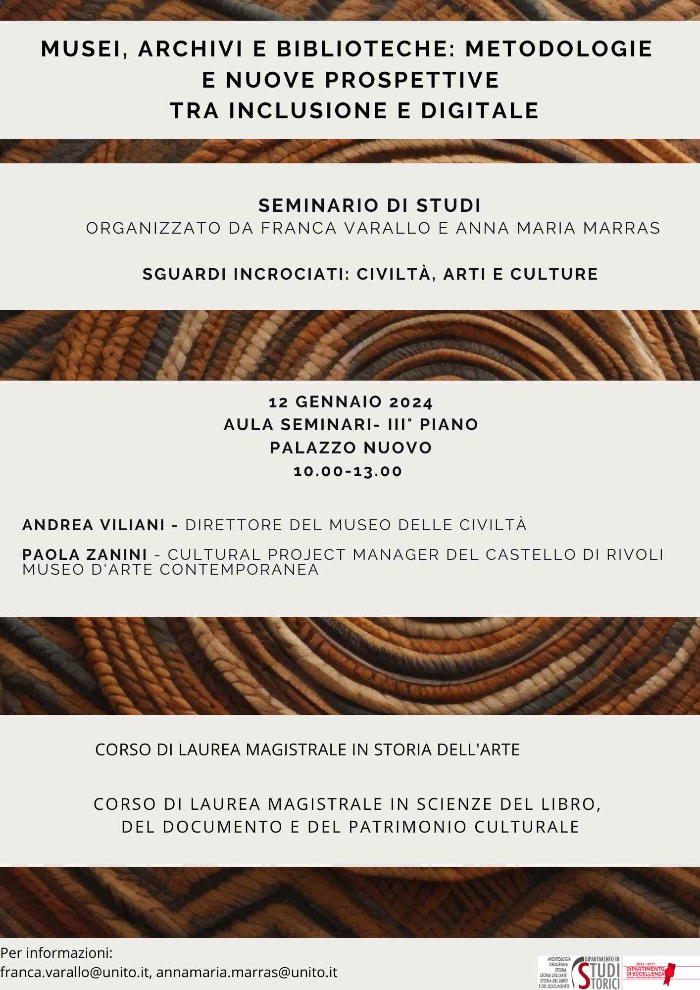 Locandina del seminario «Musei, Archivi e Biblioteche: metodologie e nuove prospettive tra inclusione e digitale» - relatori Viliani, Zanini, Varallo, Marras.