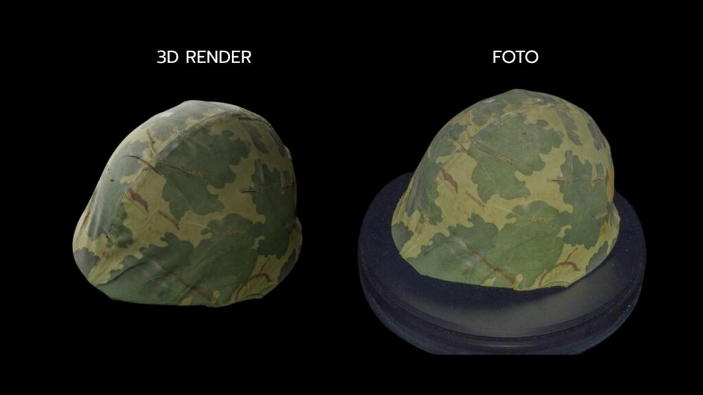 elmetto di soldato americano della II guerra mondiale con tessuto mimetico kaki con foglie verdi. a sinistra il rendering 3D che appare più definito e con maggiore volumetria sottolineata dall'ombra propria e con i colori più saturi. A destra l'acquisizione fotografica dello stesso elmetto, in cui l'oggetto appare meno volumetrico e con i colori meno riconoscibili.