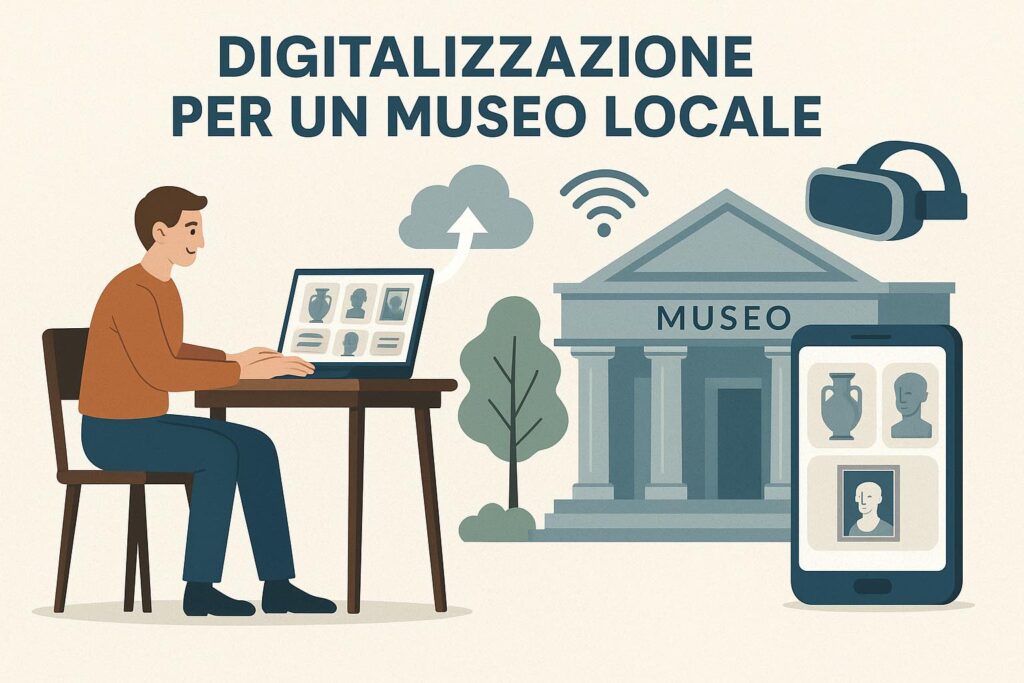 illustrazione di una figura maschile fuori da un museo, che è disegnato in lontananza. Il personaggio è seduto ad una scrivania e utilizza un computer per accedere ai contenuti del museo, che sono raffigurati sul monitor del computer come icone stilizzate. In primo piano a destra il disegno di un visore per realtà aumentata e di un dispositivo mobile sul cui schermo compaiono le stesse icone del monitor del computer del personaggio maschile